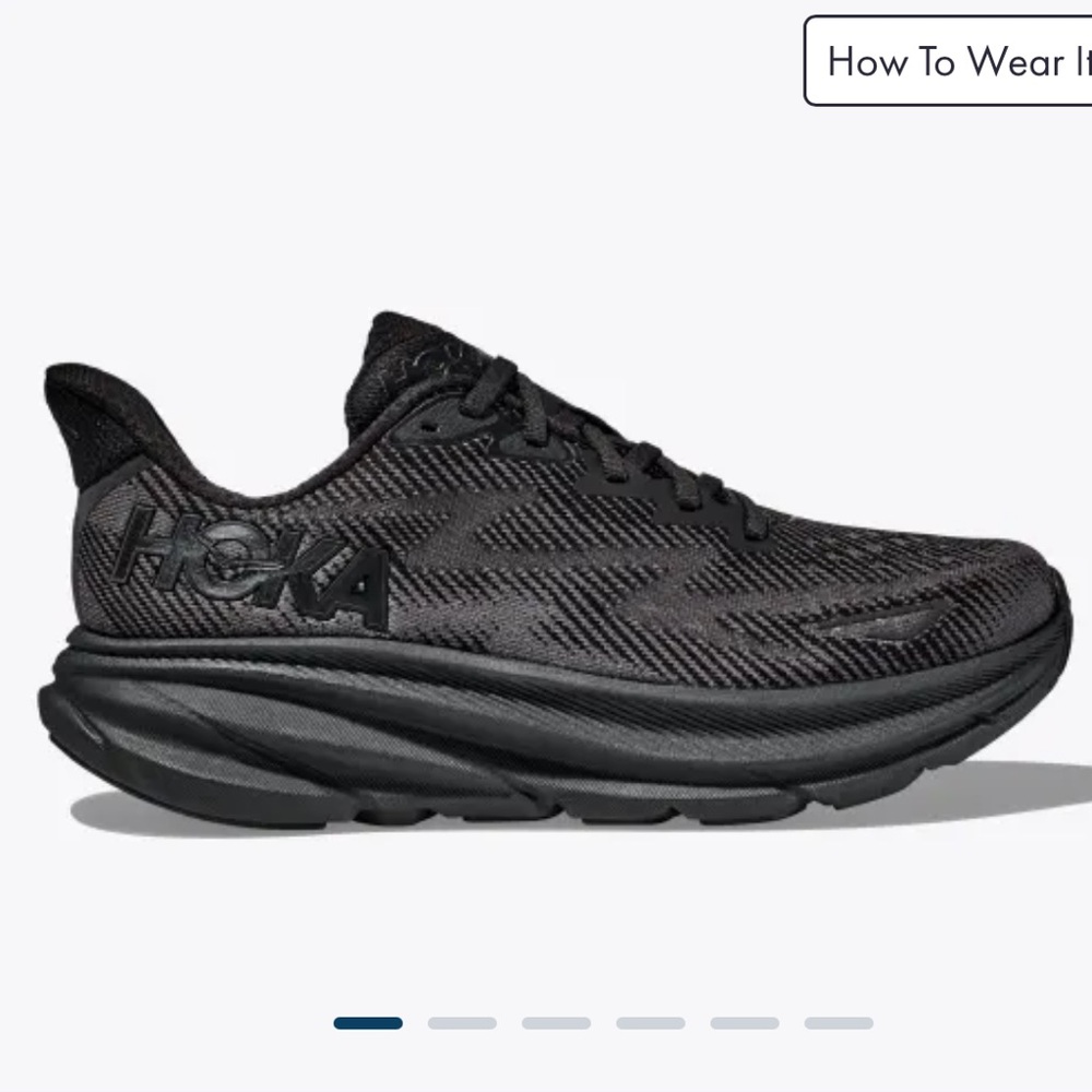 Men’s Hoka Clifton 9 shoes, black/black, size 9.5, regular width